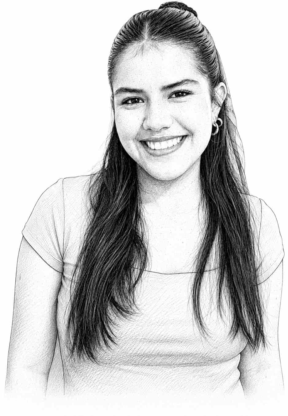 A young woman with long hair, wearing a short-sleeved top, smiles warmly at the camera in this black-and-white sketch-style portrait.