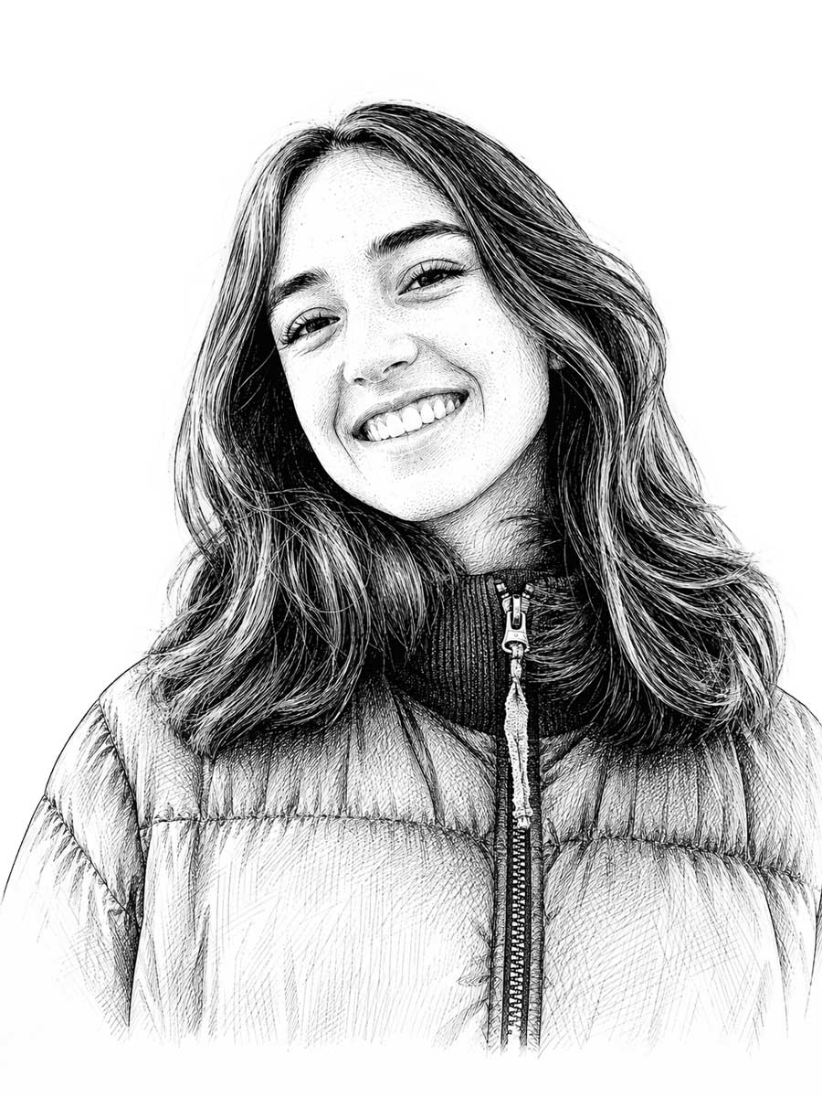 A black and white sketch of a young woman with shoulder-length hair, smiling and wearing a puffy jacket with a visible zipper. The background is plain white.