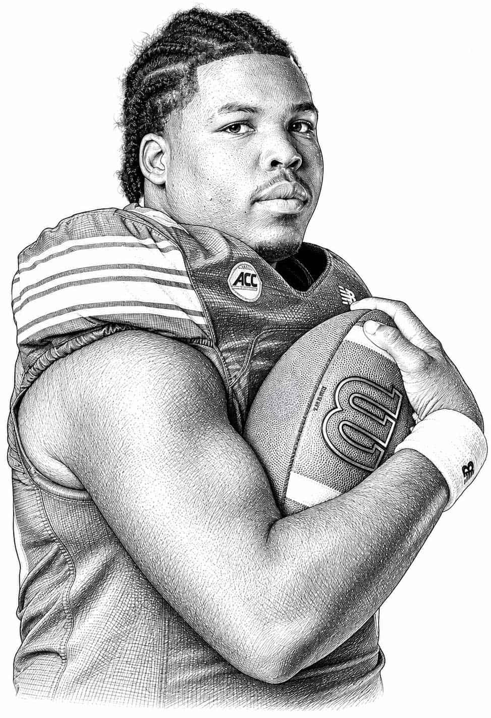 Black and white sketch of a football player holding a football, wearing a jersey with bold stripes on the shoulder and an ACC patch. He faces forward, gazing directly at the viewer with a determined expression.