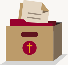 Brown ballot box with a red circle and yellow cross symbol on the front, containing papers and envelopes, one partly sticking out of the slot on top.