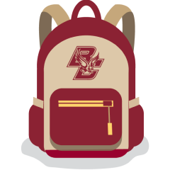 A maroon and beige backpack with a front pocket, yellow zipper, and a stylized bird logo and "B C" initials on the front.